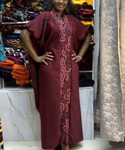 Maroon Ankara-Panel Kaftan Dress