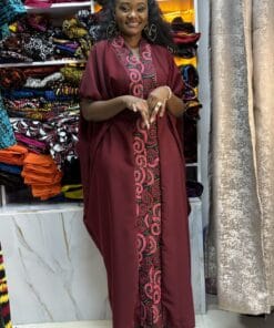 Maroon Ankara-Panel Kaftan Dress