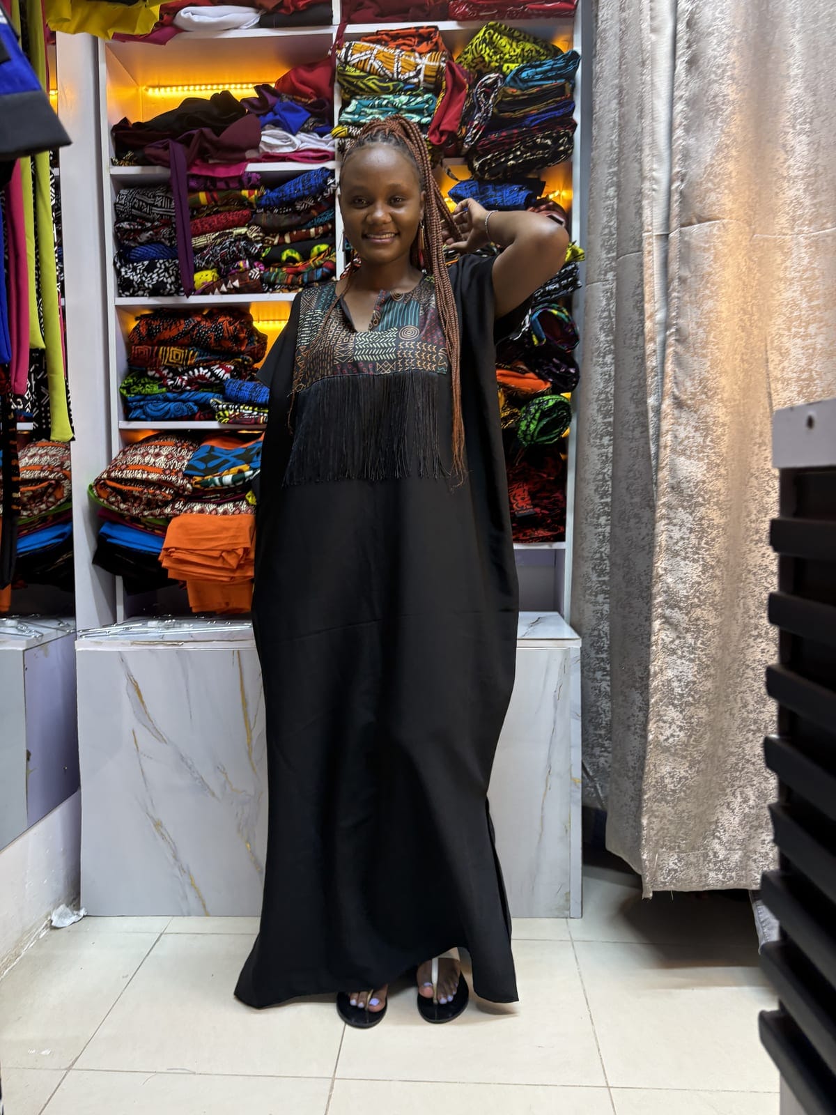 Kitenge-Patch Boubou Dress with Fringe