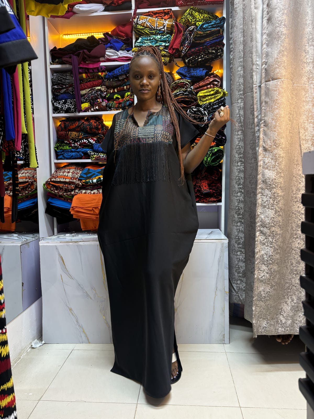Kitenge-Patch Boubou Dress with Fringe