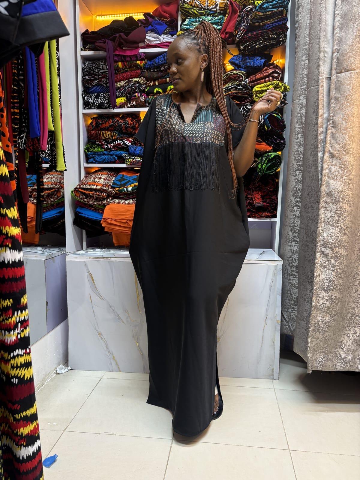 Kitenge-Patch Boubou Dress with Fringe