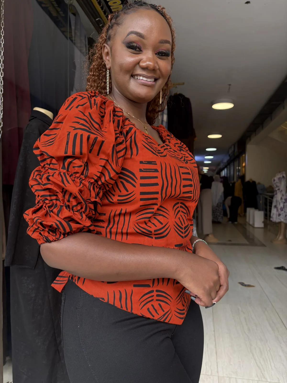 Terracotta Ember Puff-Sleeve Top