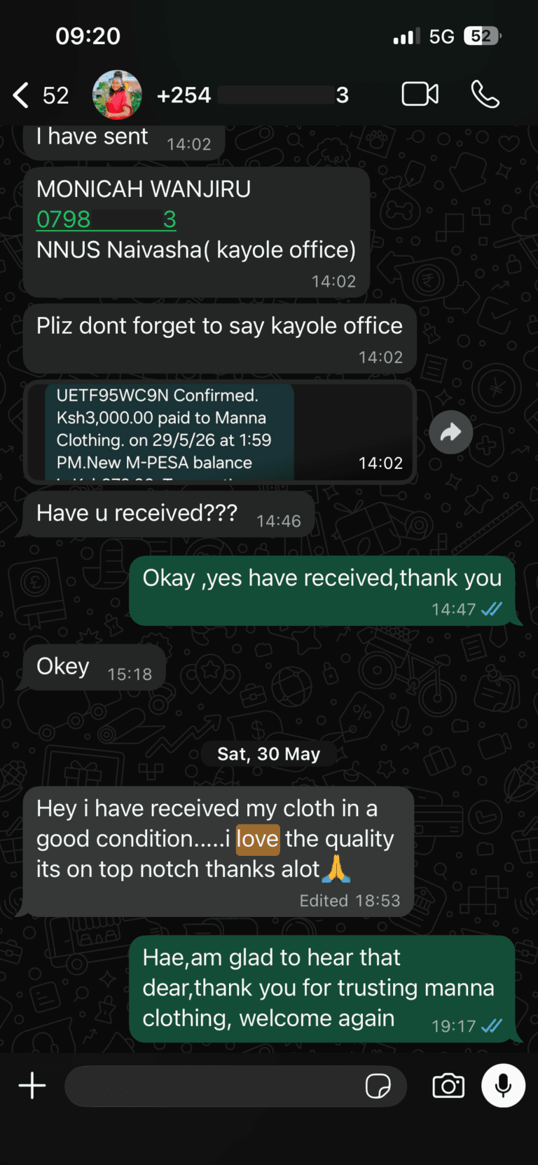 WhatsApp review from Wanjiru